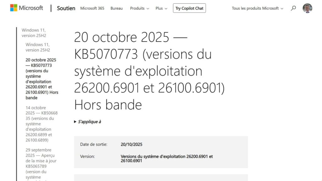 Windows 11 : KB5070773 OOB (versions OS : 26200.6901 et 26100.6901)