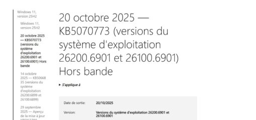 Windows 11 : KB5070773 OOB (versions OS : 26200.6901 et 26100.6901)