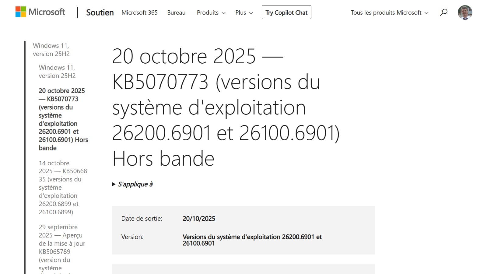 Windows 11 : KB5070773 OOB (versions OS : 26200.6901 et 26100.6901)
