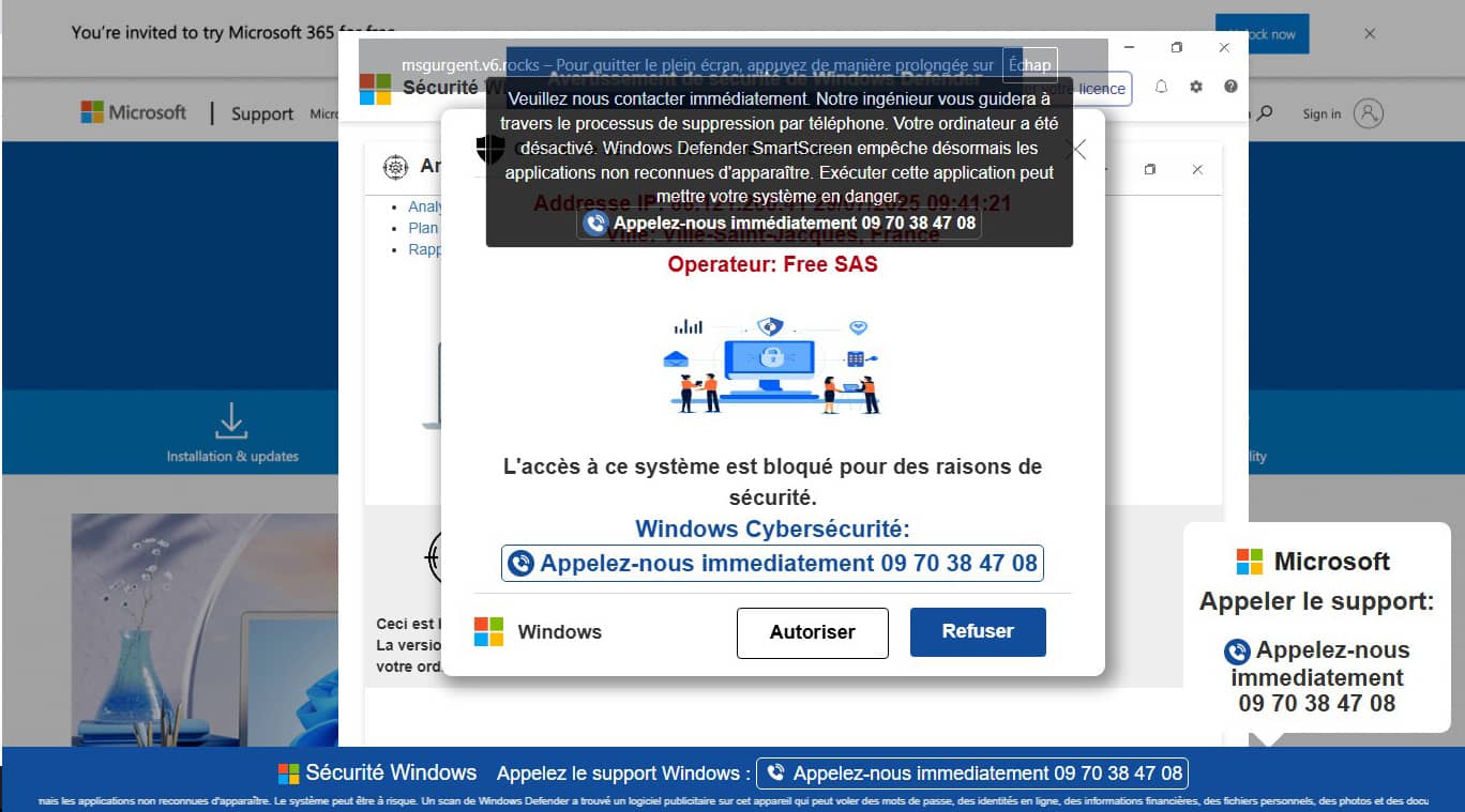 ’arnaque au faux support Windows après un clic sur une publicité sur Facebook