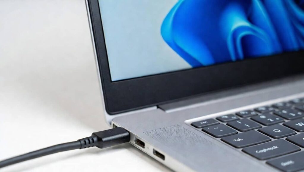 Chargeur USB-C sur un PC portable Windows 11 (Crédit : Alex.I)