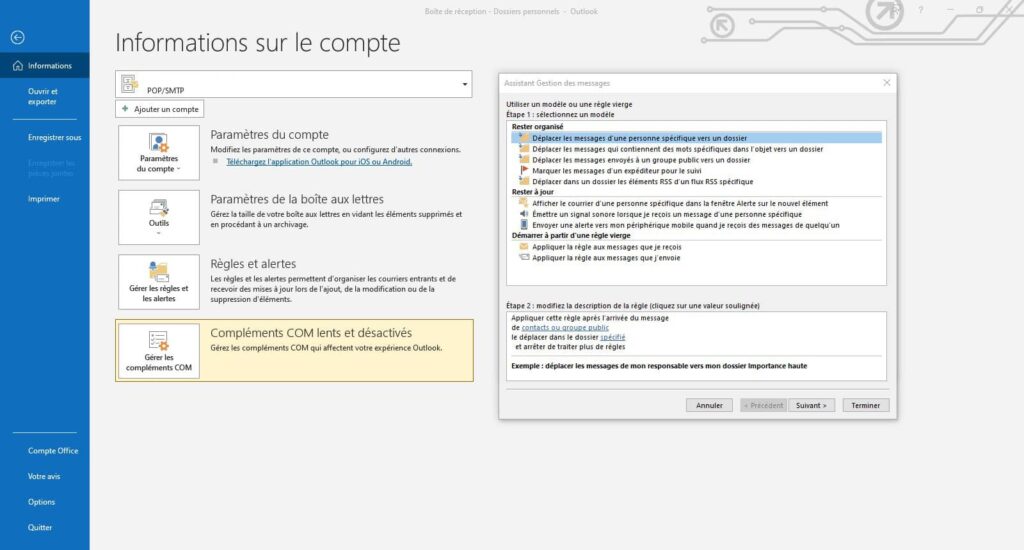 Filtre boite reception Microsoft Office Outlook 2019