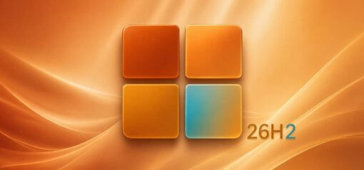 Logo de Windows 11 26H2 sur un fond automnal (Crédit : Alex.I)