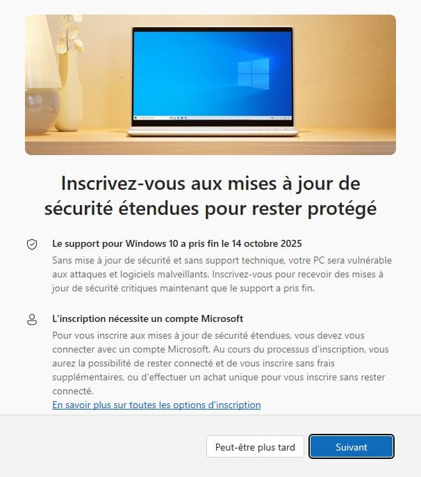 Mise à jour ESU Windows 10 - fenêtre inscription