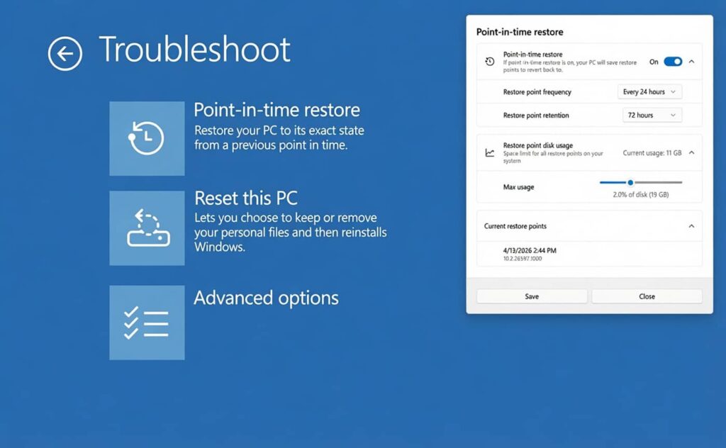 Le système Point-in-time Restore pour la récupération (Crédit : Microsoft)